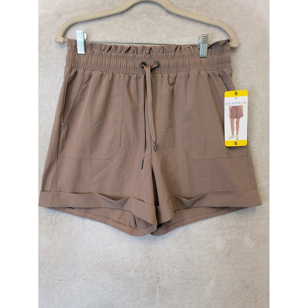 NEW Danskin Paperbag Shorts Women's S Antler Taupe High Waist Cuffed